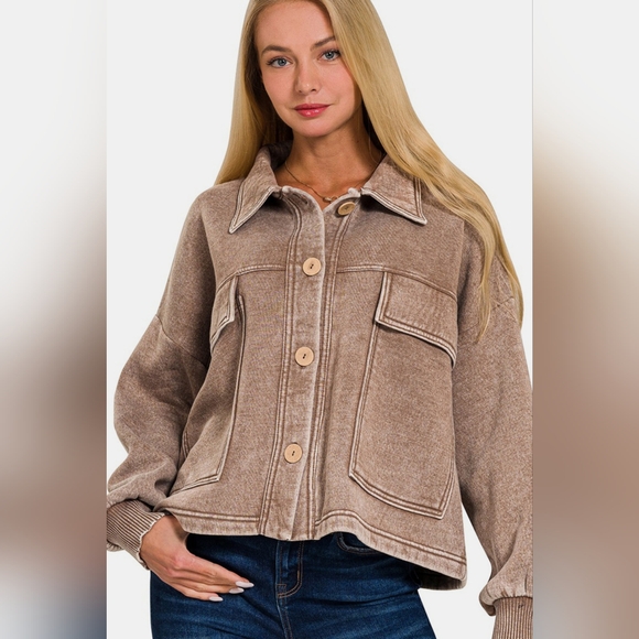 Zenana Outfitters Tops - Zenana Wash Fleece Front Pocket Button Up Shacket